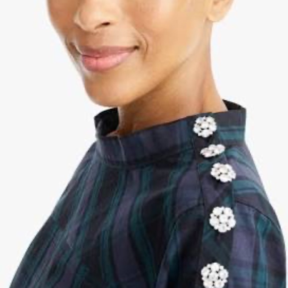 J. Crew Womens Plaid Jeweled Funnel Neck Blouse Top - Picture 2 of 8